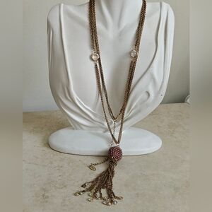 Signed Miriam Haskell Gold-Tone Long Tassel Necklace Pink Crystal Ball Pendant